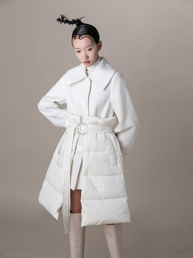 Puffer Panel Wool Coat With Belt - BLANCORE