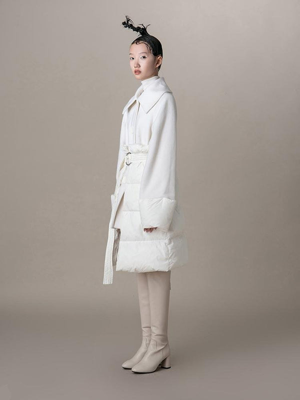 Puffer Panel Wool Coat With Belt - BLANCORE