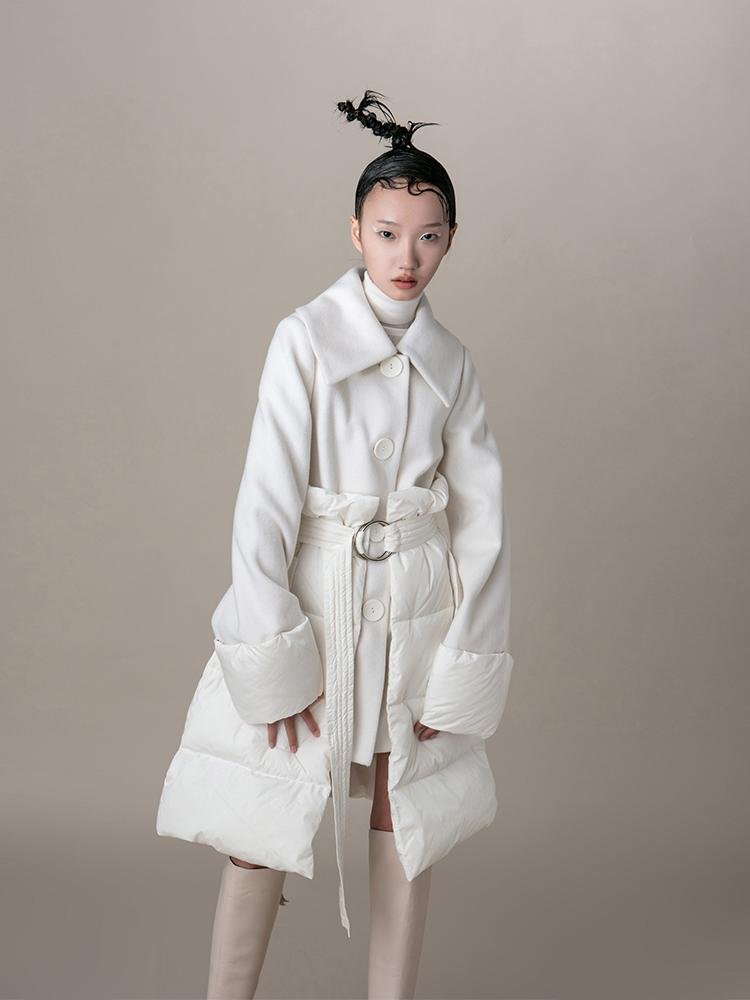 Puffer Panel Wool Coat With Belt - BLANCORE
