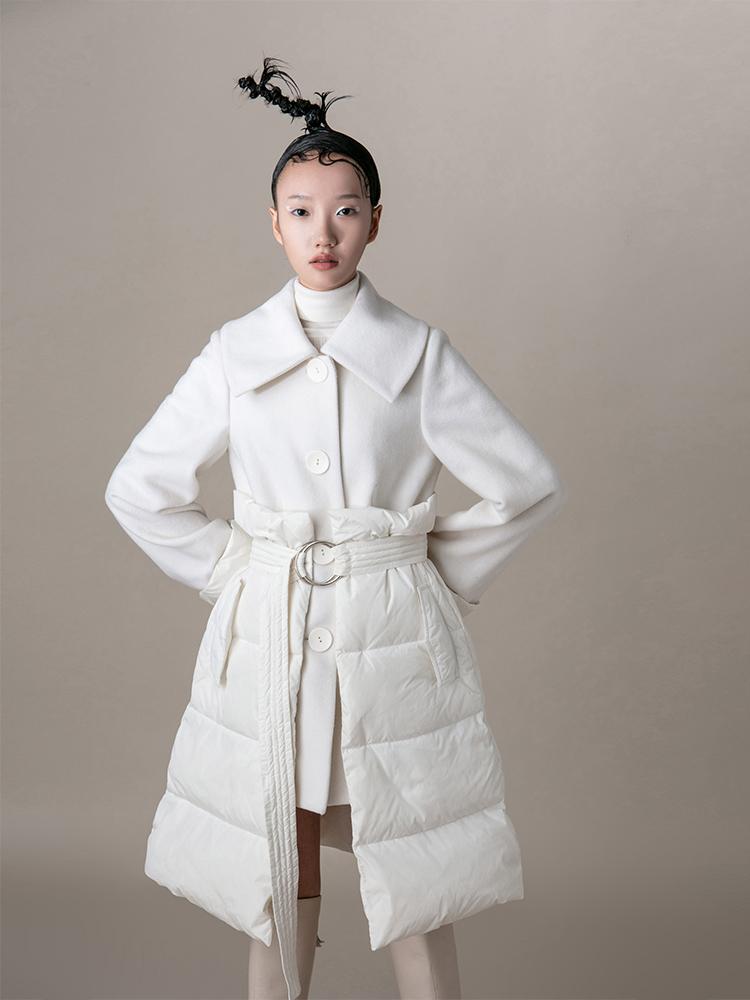 Puffer Panel Wool Coat With Belt - BLANCORE