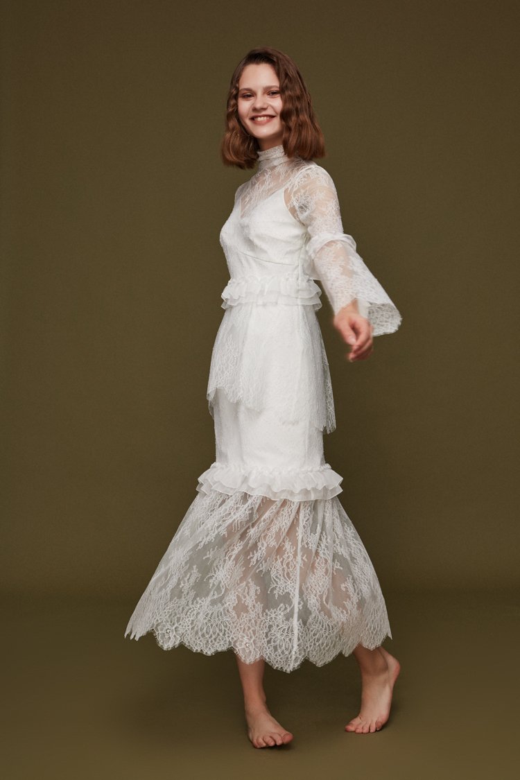 Ruffle Panelled Lace Dress - BLANCORE