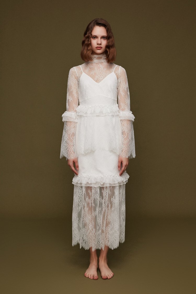 Ruffle Panelled Lace Dress - BLANCORE