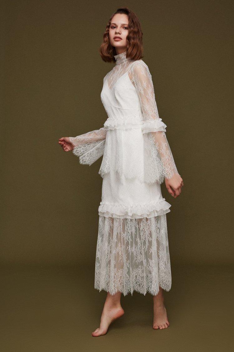 Ruffle Panelled Lace Dress - BLANCORE