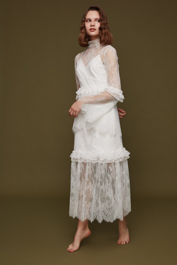 Ruffle Panelled Lace Dress - BLANCORE