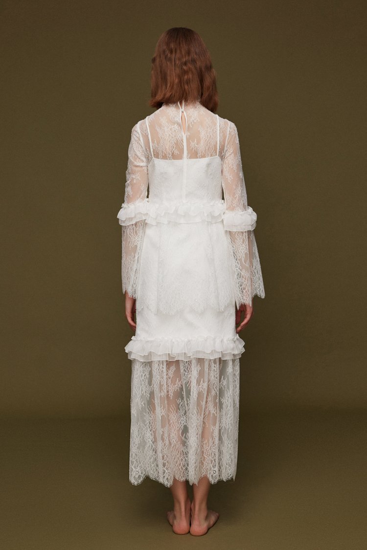 Ruffle Panelled Lace Dress - BLANCORE