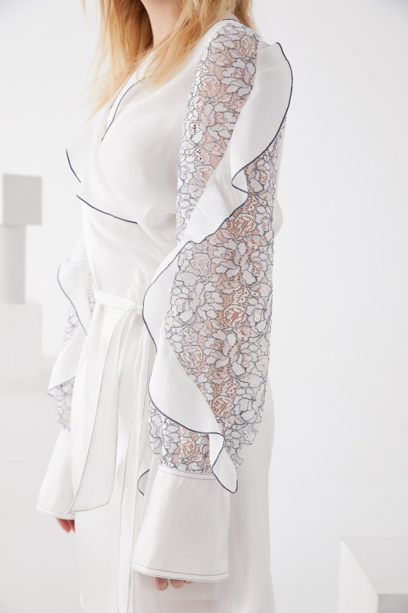 Ruffle Sleeve Satin Wrap Dress - BLANCORE