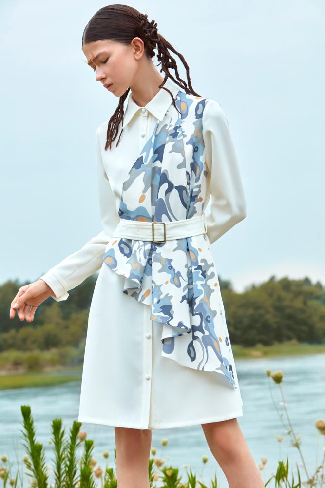 SHIRT DRESS WITH COLOR PRINT RIBBON - BLANCORE