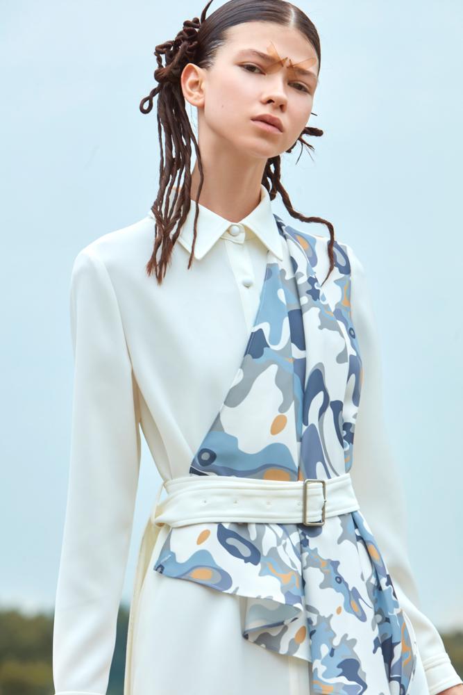 SHIRT DRESS WITH COLOR PRINT RIBBON - BLANCORE