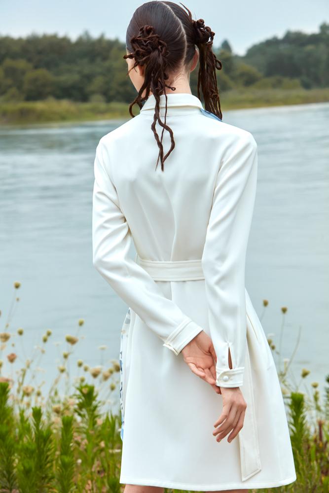 SHIRT DRESS WITH COLOR PRINT RIBBON - BLANCORE