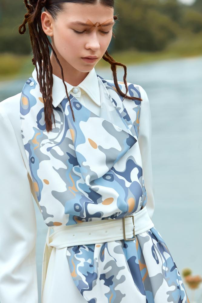 SHIRT DRESS WITH COLOR PRINT RIBBON - BLANCORE