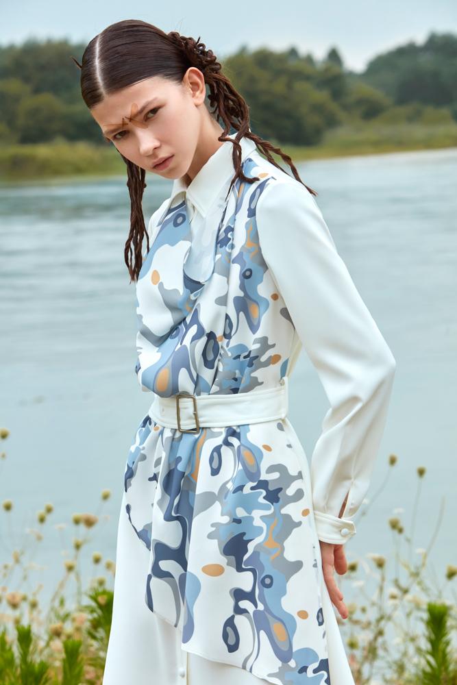 SHIRT DRESS WITH COLOR PRINT RIBBON - BLANCORE