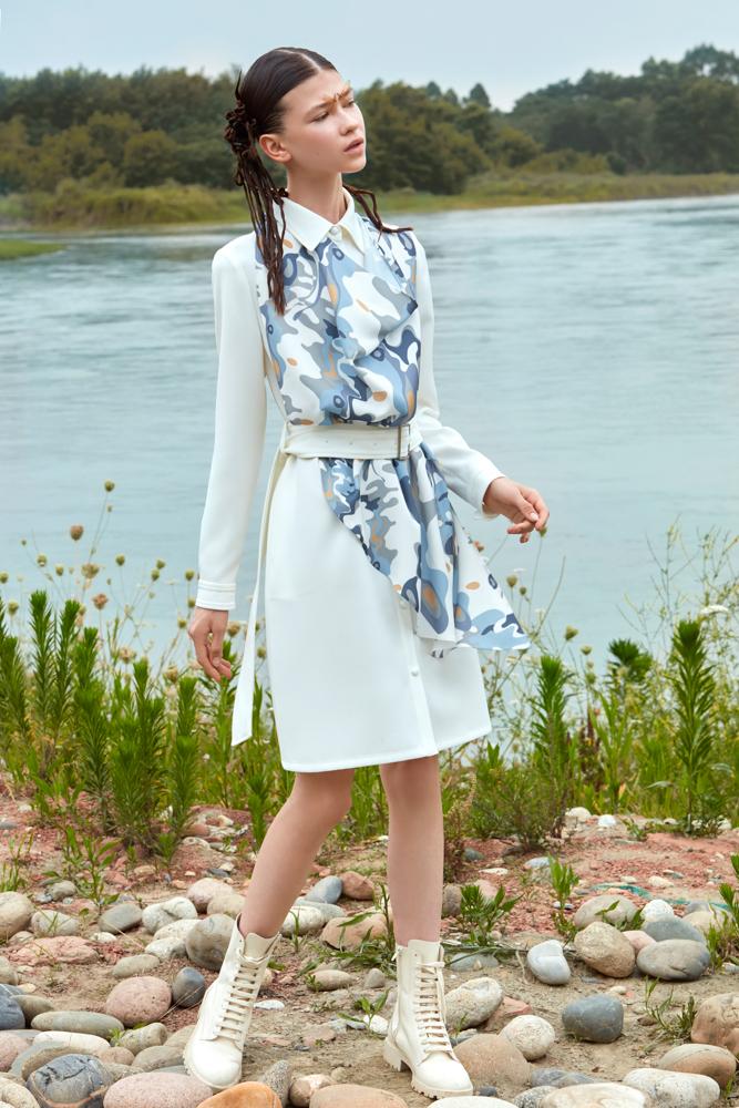 SHIRT DRESS WITH COLOR PRINT RIBBON - BLANCORE