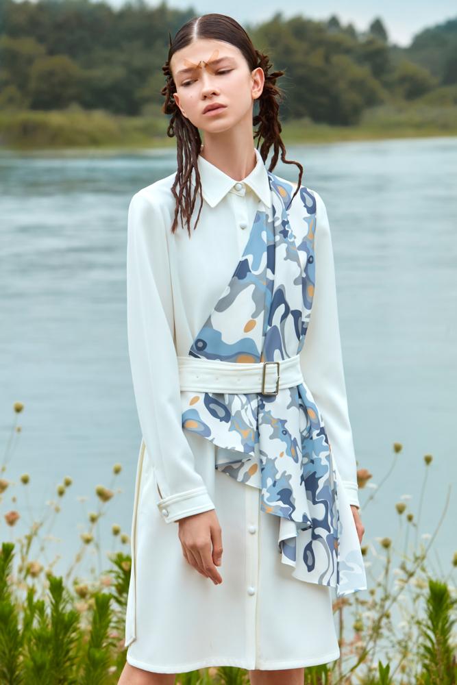 SHIRT DRESS WITH COLOR PRINT RIBBON - BLANCORE