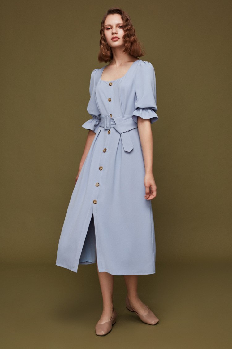 Square Neck Dress with Belt - BLANCORE