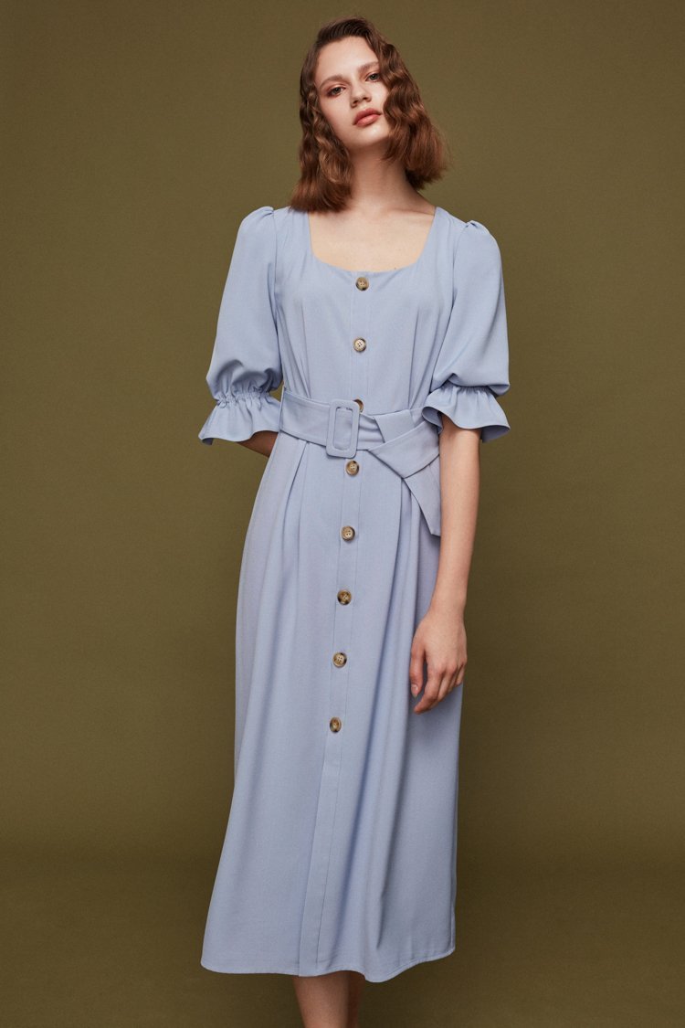 Square Neck Dress with Belt - BLANCORE
