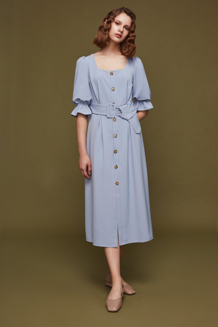 Square Neck Dress with Belt - BLANCORE