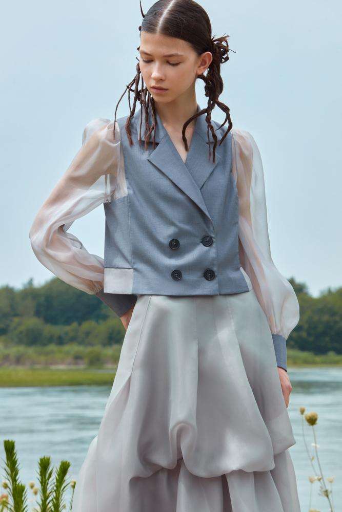 TOP WITH ORGANZA SLEEVE - BLANCORE