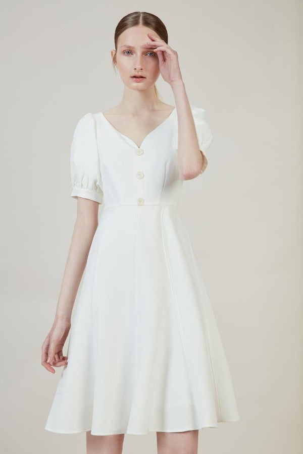 Waisted Dress with Puff Sleeve - BLANCORE