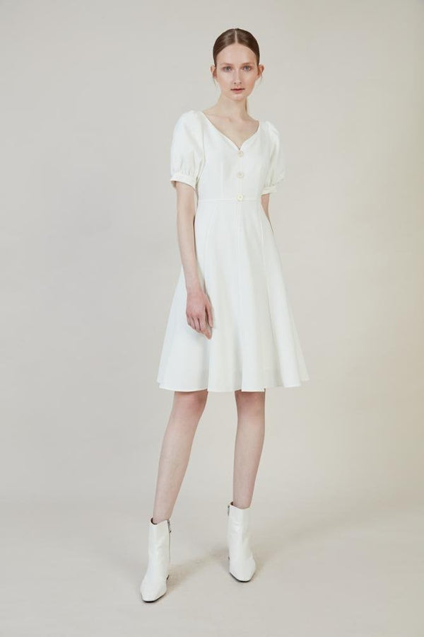 Waisted Dress with Puff Sleeve - BLANCORE