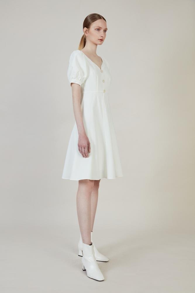 Waisted Dress with Puff Sleeve - BLANCORE